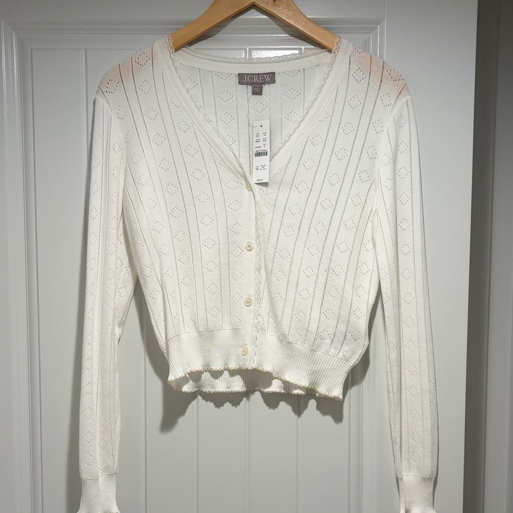 J. Crew Ivory Pointelle Cropped Cardigan